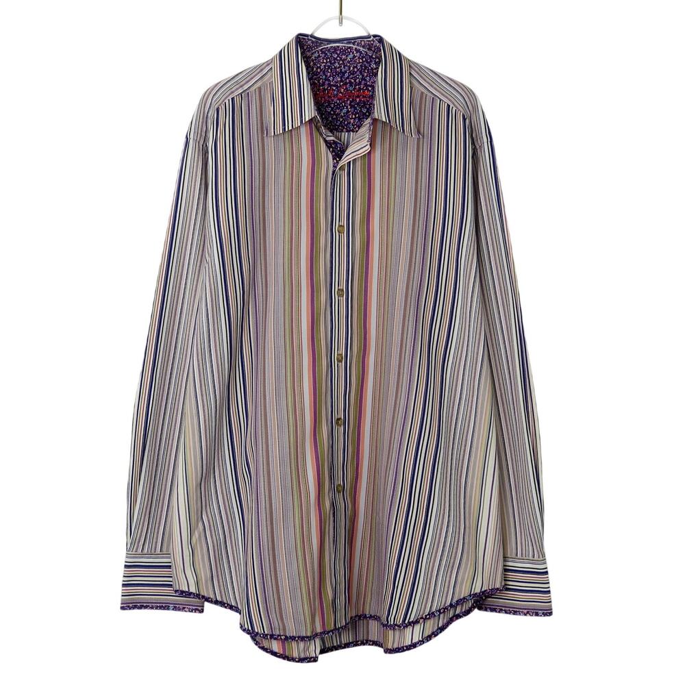Robert Graham Multicolor Striped Button Down Shirt Large Purple Floral Lining